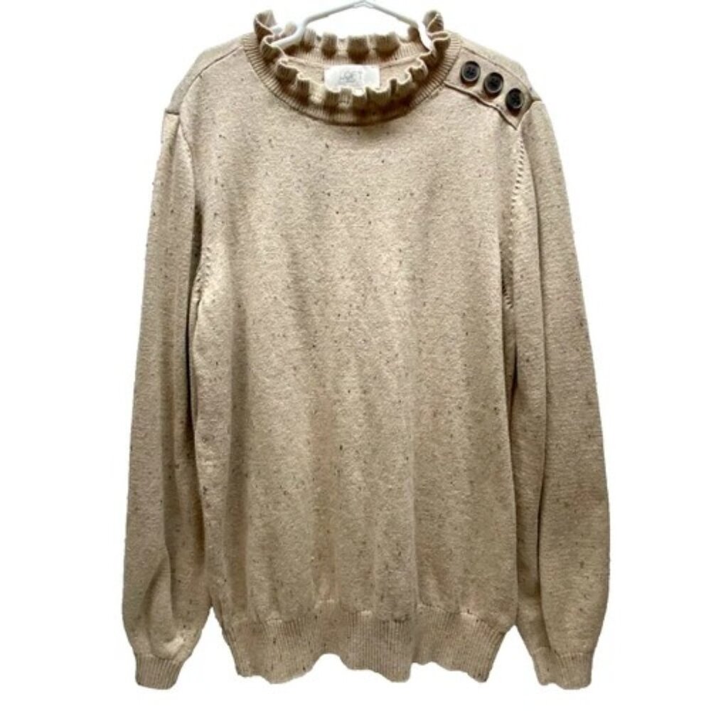 Loft Sweater Women’s Small Beige Speckle Ruffled Collar Button Accent Longsleeve